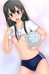  ball beelzebub_(manga) black_eyes black_hair blush bra bra_lift buruma flat_chest hamu_agaki highres kunieda_aoi lingerie long_hair navel nipples shirt_lift solo underwear volleyball whistle 