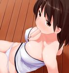  arm_support bare_shoulders breasts brown_eyes brown_hair cameltoe cleavage covered_nipples food from_above kaisen_chuui large_breasts leaning_back looking_at_viewer lowleg lowleg_panties mouth_hold original panties popsicle sitting solo strapless tubetop underwear wooden_floor 