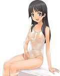  a1 adjusting_clothes adjusting_swimsuit arm_support black_hair breasts casual_one-piece_swimsuit green_eyes medium_breasts navel nipples one-piece_swimsuit open_mouth pool poolside saten_ruiko see-through sitting smile soaking_feet solo swimsuit to_aru_kagaku_no_railgun to_aru_majutsu_no_index water wet 