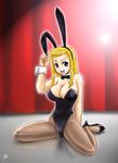  animal_ears blonde_hair blue_eyes breasts bunny_ears bunnysuit cleavage large_breasts long_hair original pantyhose reflection self-portrait solo yagisawa_keiichi 