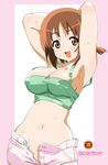  :d armpits arms_behind_head arms_up bangs border breasts brown_hair camisole cover cover_page covered_nipples cowboy_shot crop_top doujin_cover groin happy hinako_(issho_ni_training) hips impossible_clothes issho_ni_training katakura_shinji large_breasts looking_at_viewer midriff navel no_panties open_fly open_mouth orange_eyes outside_border rating short_hair short_shorts short_twintails shorts simple_background smile solo sweat taut_clothes twintails unbuttoned unzipped white_background 