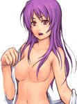  breasts hair_censor hair_over_breasts hands large_breasts long_hair navel nipples open_mouth original purple_eyes purple_hair simple_background solo topless undressing upper_body white_background yuuji_(and) 
