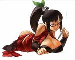  ass bad_id bad_pixiv_id black_hair blazblue breasts china_dress chinese_clothes cleavage_cutout dress hair_ornament lao_jiu large_breasts litchi_faye_ling long_hair lying ponytail solo takeda_kanryuusai thermometer troll_face 