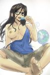  barefoot black_hair blouse breast_slip breasts copyright_request electric_fan feet food glasses large_breasts long_hair michael nipples no_bra one_breast_out popsicle shorts sitting sketch solo spread_legs strap_slip toes 