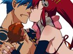  1girl bare_shoulders bikini_top breast_press breasts brown_hair couple eating food hetero kamina licking medium_breasts sako scarf shirtless tattoo tengen_toppa_gurren_lagann yoko_littner 