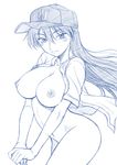  baseball_cap blush bottomless breasts greyscale hat large_breasts long_hair misnon_the_great momoe_maria monochrome nipples no_bra ookiku_furikabutte open_clothes open_shirt shirt solo 