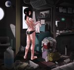  android ass back bare_legs barefoot black_hair butt_crack clothes legs long_hair looking_back milk original ponytail robot_joints solo sukabu topless underwear underwear_only 