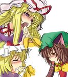  animal_ears banana blonde_hair blush brown_eyes brown_hair cat_ears chen chocolate_banana closed_eyes earrings food fruit jewelry kurowana licking multiple_girls purple_eyes sexually_suggestive sprinkles tongue touhou yakumo_ran yakumo_yukari 