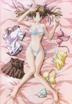  :o absurdres arms_up barefoot bed bed_sheet bikini blue_eyes blush breasts brown_hair clothes_removed ef frilled_bikini frills front-tie_top hair_ribbon hand_on_head hayama_mizuki highres legs lying medium_breasts nanao_naru navel official_art on_back open_mouth panties panties_removed ribbon short_hair side-tie_bikini skirt skirt_removed solo string_bikini striped striped_panties swimsuit thigh_gap toes twintails underboob underwear undressing untied untied_bikini wardrobe_malfunction white_bikini 