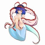  :d bangs blush bow breasts finger_to_mouth frills hat hat_bow hat_ribbon kneeling long_tail looking_at_viewer medium_breasts mermaid mole mole_under_mouth monster_girl nagae_iku navel nipples no_bra nude oarfish open_mouth purple_hair red_eyes ribbon seductive_smile shawl shimuro_(mentsukidou) short_hair simple_background smile solo tail touhou white_background 