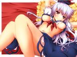  arms_up blue_hair breasts frilled_pillow frills haruyonoto hat kamishirasawa_keine large_breasts legs long_hair lying midriff navel no_bra on_back pillow red_eyes smile solo touhou underboob 