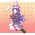  animal_ears blush bound bunny_ears gift long_hair purple_hair red_eyes reisen_udongein_inaba ribbon sesield solo thighhighs touhou 