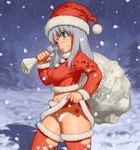  bad_id bad_pixiv_id blue_eyes breasts christmas covered_nipples hat large_breasts long_hair maagori original panties sack santa_costume santa_hat silver_hair skirt snow solo thighhighs underwear white_panties winter 