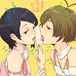  1girl akizuki_ryou antenna_hair black_hair blue_eyes brown_eyes brown_hair cross cute_&amp;_girly_(idolmaster) food idolmaster idolmaster_dearly_stars jewelry licking miya_(24toys) mizutani_eri necklace otoko_no_ko popsicle saliva sexually_suggestive short_hair tongue 