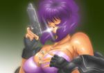  bare_shoulders between_breasts breasts bullet cleavage fingerless_gloves ghost_(mausuman34) ghost_in_the_shell gloves gun handgun kusanagi_motoko large_breasts mouth_hold pistol purple_hair red_eyes solo sparkle weapon 