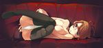  blue_eyes breasts brown_hair couch hair_ornament hairpin large_breasts lying on_side original panties short_hair solo super_zombie thighhighs topless underwear underwear_only 