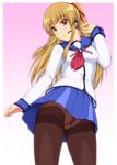  angel_beats! blonde_hair gusset panties panties_under_pantyhose pantyhose pantyshot ponytail red_eyes school_uniform serafuku shichimenchou solo thighband_pantyhose underwear upskirt white_panties yusa_(angel_beats!) 