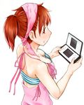  back bandana bandeau bangs breasts brown_eyes brown_hair camisole cleavage downblouse from_behind handheld_game_console jewelry looking_back medium_breasts megami_ibunroku_devil_survivor necklace nintendo_ds pendant playing_games ponytail product_placement profile ribbon sato_iori short_hair simple_background solo star strapless striped tanigawa_yuzu tubetop 