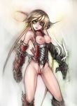  armor blonde_hair breastless_clothes breasts gauntlets girlsay green_eyes long_hair medium_breasts nipples original solo twintails uneven_twintails very_long_hair 