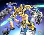  bike_shorts breasts brown_hair cannon cleavage cleavage_cutout cosmic_break destructor_girl flat_chest gatling_gun green_eyes green_hair grey_hair gun large_breasts mecha_jetter_girl mecha_musume midriff multiple_girls red_eyes rei_(cosmic_break) skin_tight sword thighhighs wakaba weapon yellow_eyes 