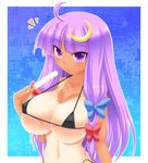  bikini breasts covered_nipples crescent crescent_hair_ornament food hair_ornament hat huge_breasts john_(nakoto) long_hair micro_bikini one-piece_tan patchouli_knowledge popsicle purple_eyes purple_hair solo swimsuit tan tanline touhou underboob 