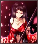  bad_id bad_pixiv_id banned_artist black_hair breasts cherry_blossoms cleavage copyright_request japanese_clothes kimono large_breasts long_hair navel red_eyes solo staff viola_(seed) 