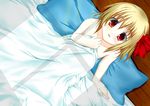  bed blanket blonde_hair blush hair_ribbon hoshizuki_(seigetsu) looking_at_viewer naked_sheet nude pillow red_eyes ribbon rumia shadow short_hair sitting solo touhou 