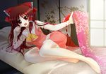 :d bare_legs barefoot bow breasts brown_hair detached_sleeves futon hair_bow hakurei_reimu long_hair lying medium_breasts nipples on_side open_mouth porurin red_eyes see-through smile solo touhou 