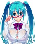  1girl adjusting_eyewear alternate_breast_size aqua_eyes aqua_hair aqua_nails bespectacled blush bow bowtie bra breasts bursting_breasts cleavage dress_shirt frown glasses hatsune_miku highres hisasi large_breasts lingerie long_hair long_sleeves looking_at_viewer looking_over_eyewear nail_polish pink-framed_eyewear plaid plaid_bow plaid_neckwear pout see-through shirt simple_background solo twintails underwear upper_body vocaloid white_background white_shirt 