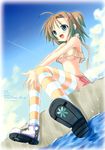  absurdres breasts brown_hair cloud day foreshortening green_eyes hair_ornament hairclip hands happy highres legs medium_breasts midriff no_bra open_mouth original ribbon rusty_soul shoes short_hair sitting skirt sky socks solo striped striped_legwear thighhighs underboob water 