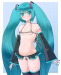  aqua_eyes aqua_hair bad_id bad_pixiv_id bare_shoulders bikini blue_nails blush breasts detached_sleeves halterneck hatsune_miku long_hair micro_bikini nail_polish navel small_breasts solo swimsuit thighhighs twintails underboob very_long_hair vocaloid yurizuka_(sergeant_heart) 