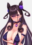  1girl arm_under_breasts armband bangs bare_shoulders black_bikini_top blush bracelet breasts brown_hair choker cleavage closed_mouth fate/grand_order fate_(series) hair_between_eyes hair_ornament jewelry large_breasts long_hair looking_at_viewer mitsukazu_(nijigen_complex) murasaki_shikibu_(fate) pendant purple_eyes simple_background solo two_side_up upper_body very_long_hair white_background 