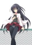  black_hair blue_eyes bow bow_panties chain-link_fence crotch_seam fence flyable_heart highres itou_noiji jacket long_hair panties panties_under_pantyhose pantyhose shirasagi_mayuri simple_background skirt solo underwear upskirt white_panties 