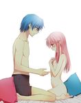  1girl angel_beats! bed_sheet blush boxers breasts couple covering covering_breasts hair_over_breasts height_difference hetero hinata_(angel_beats!) kimura_shiki nude pillow profile simple_background sitting small_breasts underwear wariza yui_(angel_beats!) 