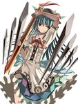  blue_hair food fruit hat hinanawi_tenshi kureha_(ironika) long_hair peach red_eyes solo sword sword_of_hisou touhou weapon 