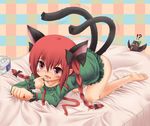  animal_ears aokichi barefoot bird bottomless braid can cat_ears cat_food cat_tail hair_ribbon kaenbyou_rin multiple_tails red_eyes red_hair reiuji_utsuho reiuji_utsuho_(bird) ribbon short_hair solo tail touhou twin_braids twintails 
