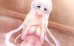  bath blue_eyes blush breast_suppress breasts cait covering covering_breasts empty_eyes highres large_breasts long_hair mabinogi nao_(mabinogi) nude signature sitting smile solo sweat very_long_hair wallpaper water wet white_hair 