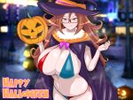 1girl :q absurdres android android_21 bikini black-framed_eyewear blue_eyes breasts brown_hair cape covered_nipples curly_hair dragon_ball dragon_ball_(object) dragon_ball_fighterz earrings glasses halloween hat highres hoop_earrings hudo_shin jack-o&#039;-lantern jewelry large_breasts long_hair pumpkin see-through solo standing swimsuit tongue tongue_out witch_hat 