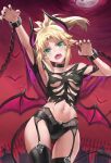  1girl arm_up armpits bangs bare_shoulders black_thighhighs blonde_hair braid breasts collarbone demon_girl demon_horns demon_wings duplicate fate/apocrypha fate_(series) french_braid green_eyes halloween_costume highres horns long_hair looking_at_viewer mordred_(fate) mordred_(fate/apocrypha) navel open_mouth parted_bangs ponytail sidelocks small_breasts solo teeth thighhighs thighs tonee wings 