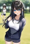  2girls absurdres ball black_hair black_jacket black_shorts blue_eyes blurry blurry_background breasts commentary_request crossed_arms eyes_visible_through_hair gym_uniform highres jacket kaku_yone large_breasts long_hair multiple_girls open_mouth original outdoors red_eyes shirt shorts siblings sisters soccer_ball standing standing_on_one_leg thighs tree twintails white_shirt 