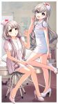  2girls :d :o absurdres asymmetrical_bangs bangs bare_legs bed blush braid braided_bangs dress grey_hair hair_ribbon hat high_heels highres hisakawa_hayate hisakawa_nagi hospital hospital_bed idolmaster idolmaster_cinderella_girls long_hair looking_at_viewer miroir_(idolmaster) multiple_girls nurse nurse_cap pink_dress popon_ta ribbon siblings sisters sitting smile sparkle standing standing_on_one_leg stethoscope syringe twins twintails very_long_hair wavy_hair white_dress 