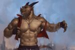  2021 5_fingers abs anthro artist_name biceps brown_body clothed clothing dated digital_media_(artwork) dog_tags dragon fingers horn male muscular muscular_anthro muscular_male pecs scales shirtless signature simple_background sketch solo taran_fiddler 