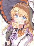  1girl absurdres ameria_(artist) black_gloves black_headwear blonde_hair blue_eyes blush bow braid candy commentary food gloves hair_between_eyes hair_bow halloween hat highres holding holding_candy holding_food holding_lollipop kirisame_marisa lollipop long_hair looking_at_viewer neck_ribbon orange_bow purple_ribbon ribbon shirt single_braid smile solo suspenders touhou twitter_username upper_body white_shirt witch_hat 