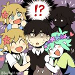  !? 5boys basil_(omori) black_hair black_skin black_sweater_vest blonde_hair blue_eyes blush cat cheek_press collared_shirt colored_skin flower green_hair green_shirt green_sweater_vest hair_flower hair_ornament head_wreath holding_another&#039;s_arm looking_at_another looking_at_viewer mewo miya_(baelfight) multiple_boys omori open_mouth overalls shirt short_hair smile spoken_interrobang stranger_(omori) sunny_(omori) sweat sweater_vest thought_bubble twitter_username white_eyes white_shirt white_skin 