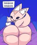  2020 absurd_res aggressive_retsuko anthro bed big_butt butt canid canine dialogue female fennec fenneko fox furniture hi_res huge_butt laugh lying mammal on_bed on_front qoolbunart sanrio solo thick_thighs 