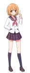  1girl arm_behind_back bangs black_socks blush brown_footwear buttons dot_nose full_body hand_up index_finger_raised kneehighs legs_apart loafers long_sleeves looking_at_viewer magia_record:_mahou_shoujo_madoka_magica_gaiden mahou_shoujo_madoka_magica miniskirt miura_asahi neckerchief orange_hair plaid plaid_skirt pleated_skirt purple_eyes purple_sailor_collar purple_skirt red_neckerchief ruru_(rurumagi) sailor_collar sailor_shirt school_uniform serafuku shirt shoes short_hair simple_background skirt smile socks solo split_mouth standing transparent_background white_shirt yukuni_academy_school_uniform 