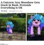  blue_hair blush dialogue english_text equid equine female gradient_hair hair hasbro hooves horn izzy_moonbow_(mlp) mammal meme mlp_g5 my_little_pony open_mouth open_smile plant purple_eyes puyohh real shrub smile text unicorn 