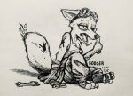  2022 absurd_res anthro arctic_fox canid canine clothing dirty disney eyewear female fox fur goggles hi_res inktober inktober_2022 mammal monochrome open_mouth overalls sitting skye_(zootopia) solo teeth theblueberrycarrots tools traditional_media_(artwork) wrench yawn zootopia 