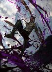  bat_devil_(chainsaw_man) black_necktie black_pants blood blood_on_clothes blood_on_weapon blood_splatter blood_spray chainsaw chainsaw_man cloud cloudy_sky collared_shirt copyright_name denji_(chainsaw_man) floating intestines necktie no_eyes otsumami_(bu-bu-heaven) pants sharp_teeth shirt sky solo stylized_blood teeth twitter_username weapon white_shirt 