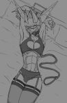  accessory acid_(artist) anthro arms_tied bed bedroom_eyes bound bulge cleavage_cutout clothed clothing collar crossdressing cybernetics digital_drawing_(artwork) digital_media_(artwork) furniture garter garter_straps girly hi_res horn leash leash_and_collar legwear looking_at_viewer machine male max_(acid) monochrome narrowed_eyes panties pillow portrait seductive solo thigh_highs underwear 